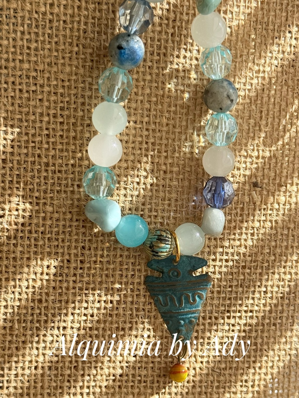 Gemstone blend Blue, Aqua and White Beaded Bracelet with Tribal Pendant